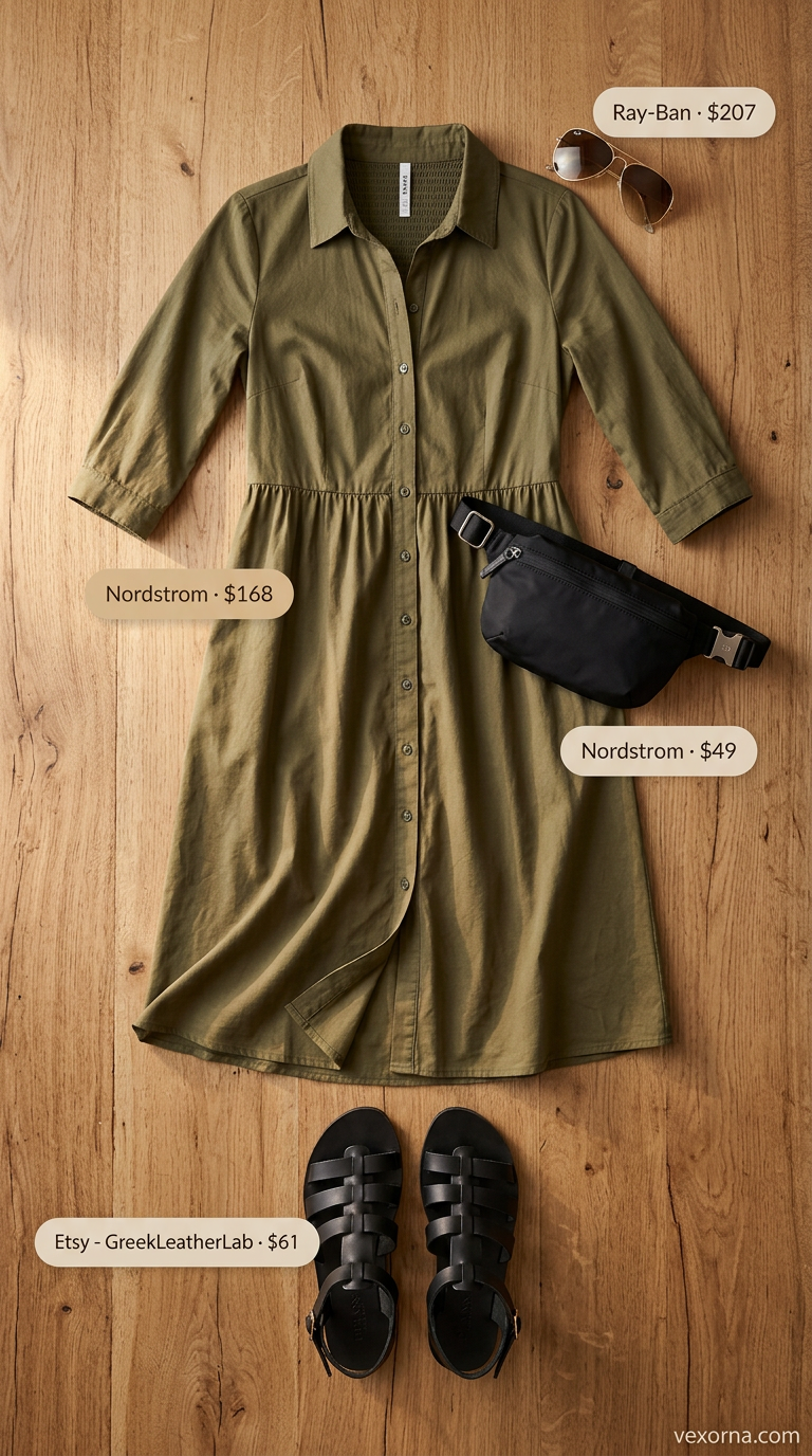 Urban Safari Chic outfit: Olive green smocked sundress 2026, canvas belt bag, gladiator sandals.