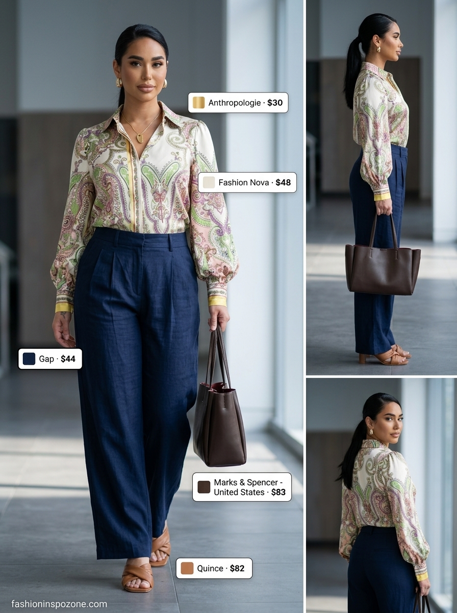 Navy linen trousers with white shell top and tan tote, ideal for breathable summer work outfits for women 2026.