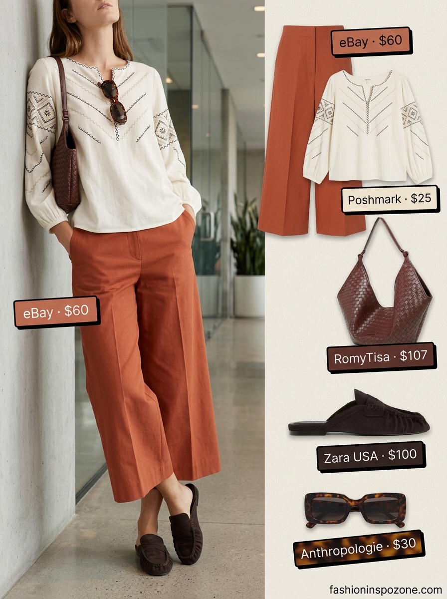 Terracotta culottes with cream peasant blouse, a bohemian choice for breathable summer work outfits for women 2026.