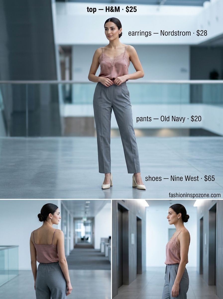 Breathable summer work outfits for women 2026: Grey trousers, blush cami, nude pumps for serene office style.