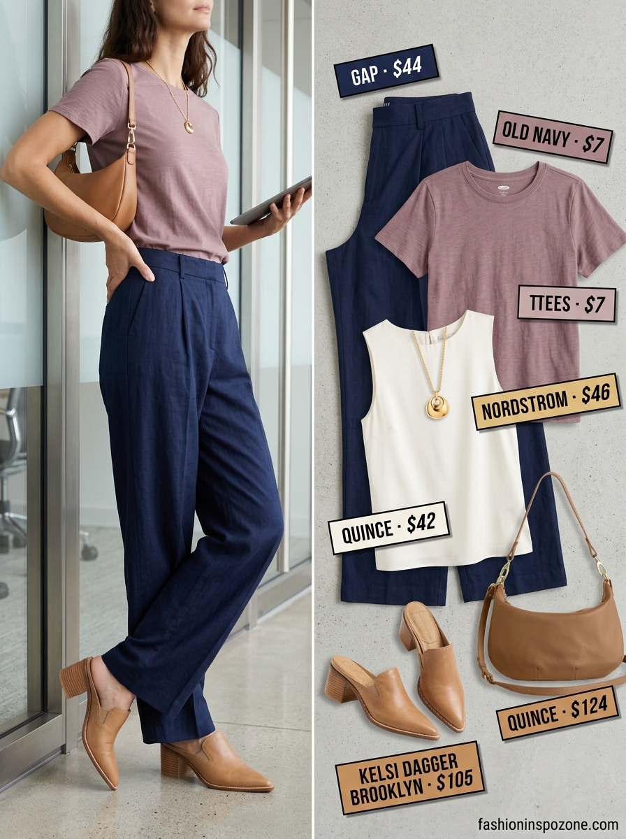 Navy wide-leg pants for breathable summer work outfits for women 2026. Styled with crisp white top and tan mules.