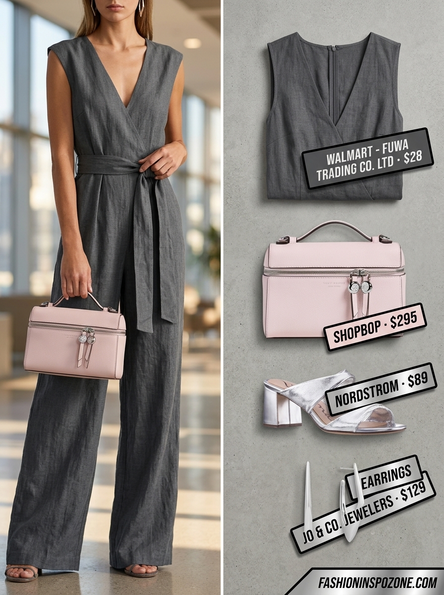 Charcoal gray jumpsuit for breathable summer work outfits for women 2026. Paired with blush pink bag and silver sandals.