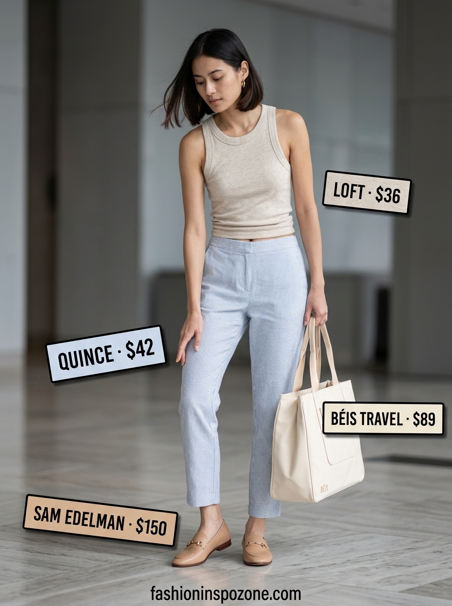 Light blue linen pants for breathable summer work outfits for women 2026. Styled with beige tank and nude loafers.