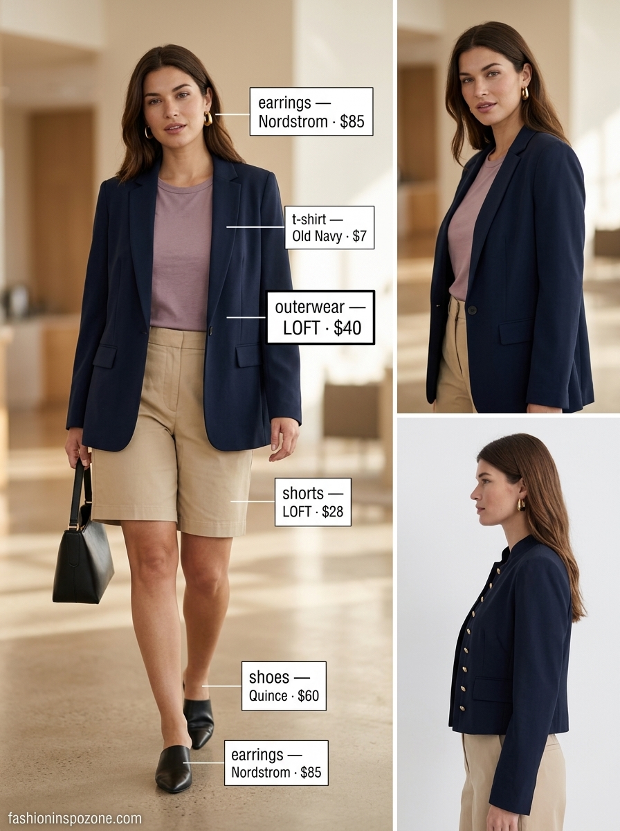 Beige Bermuda shorts with black blazer and knit top, a modern look for breathable summer work outfits for women 2026.