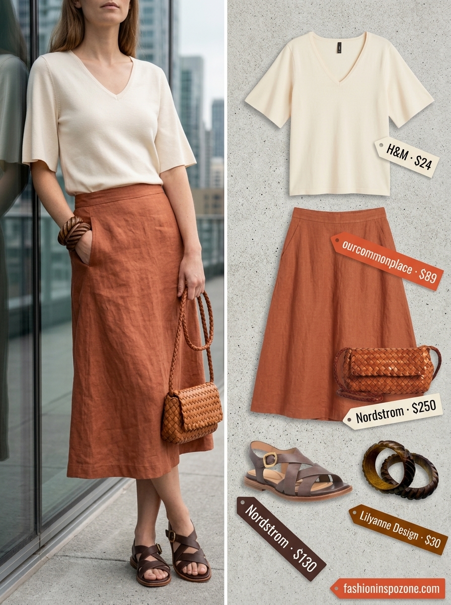 Breathable summer work outfits for women 2026: Terracotta linen skirt, cream knit top, brown sandals for creative office.