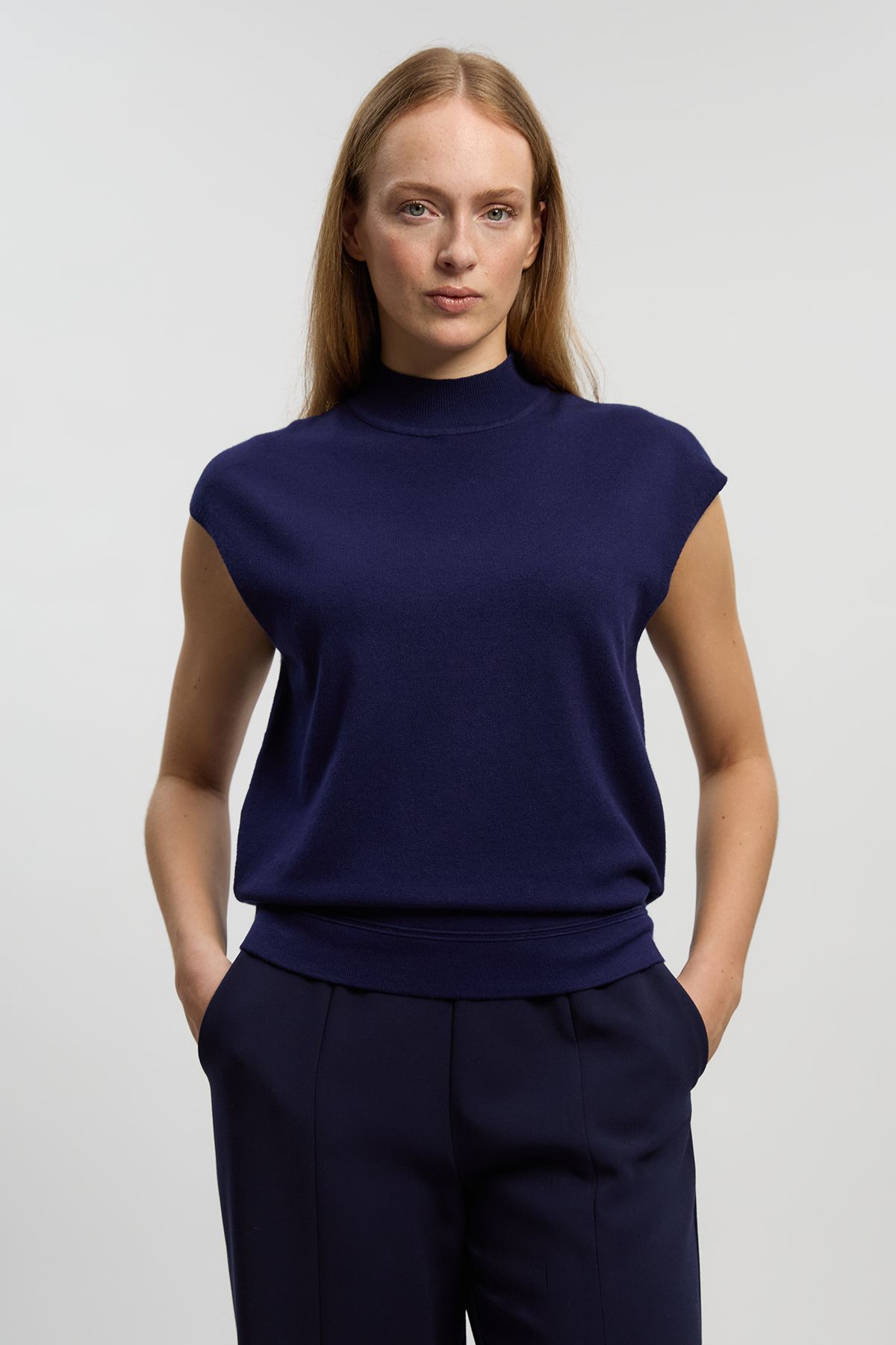 Navy Viscose Blend High Neck Knitted Tank Top | Karen Millen USA