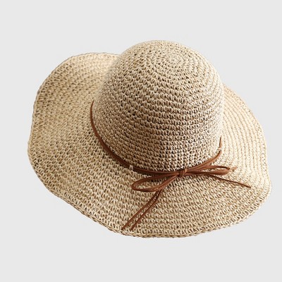Anna-Kaci Women's Wide Brim Straw Sun Hat with Leather Tie