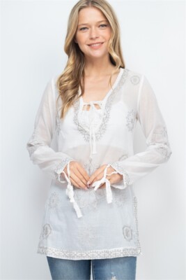 Ivory Embroidered Bohemian Tunic Top Size Large Long Sleeve