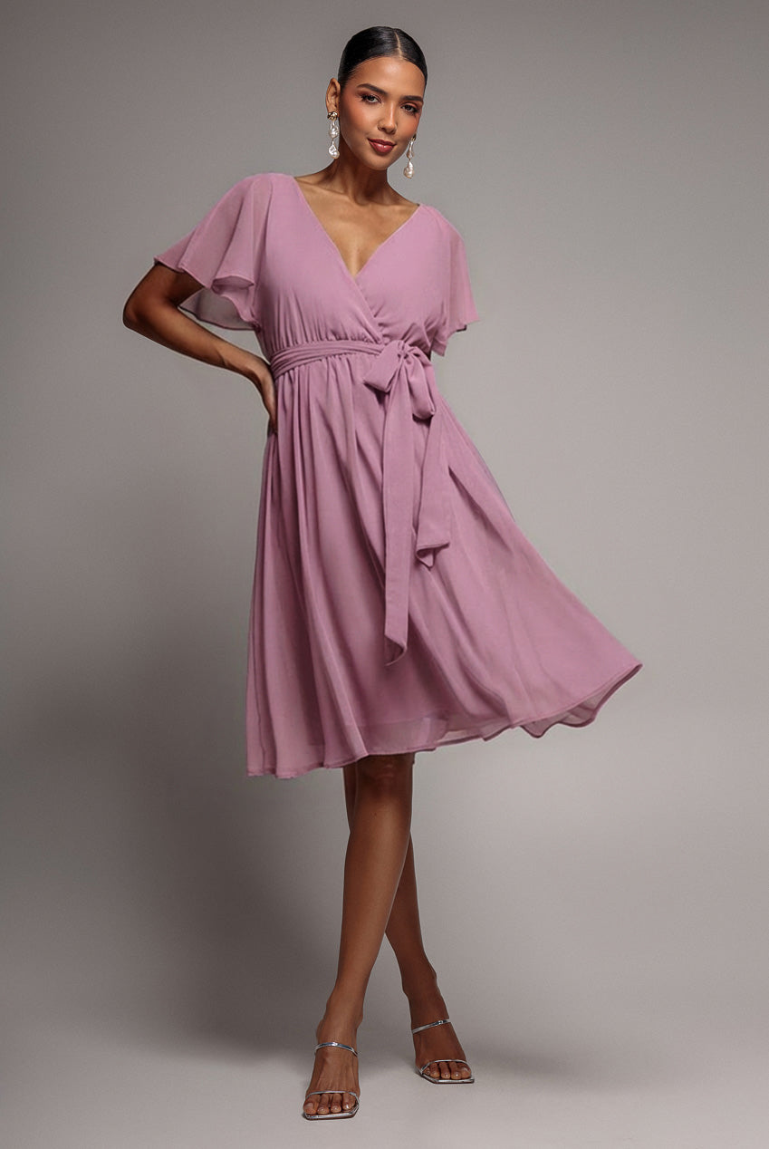Goddiva Sustainable Flutter Sleeve Chiffon Wrap Midi Dress