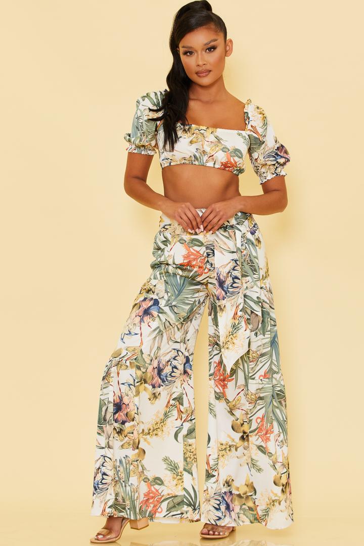Nina Morena Tropical Print Crop Top and Wide Leg Pants Set